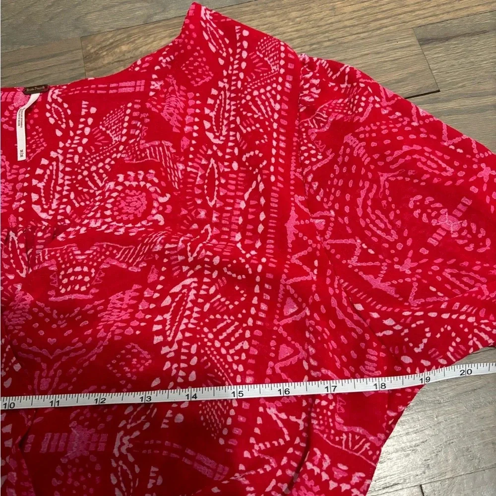 Free People Blouse. Red Sheer Asymmetrical Bell Sleeve. Medium. - Picture 7 of 9